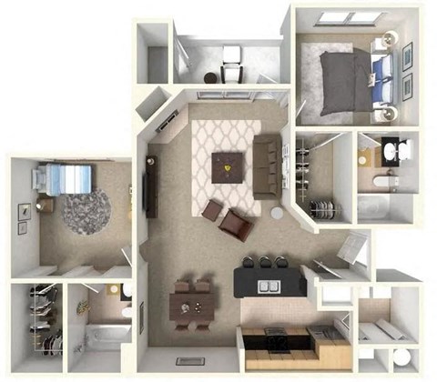 Floor plan for 2 beds, 2 baths, 1007 sqft